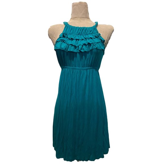 MIUSE ruffle halter elastic waist green dress sz L - Picture 1 of 5